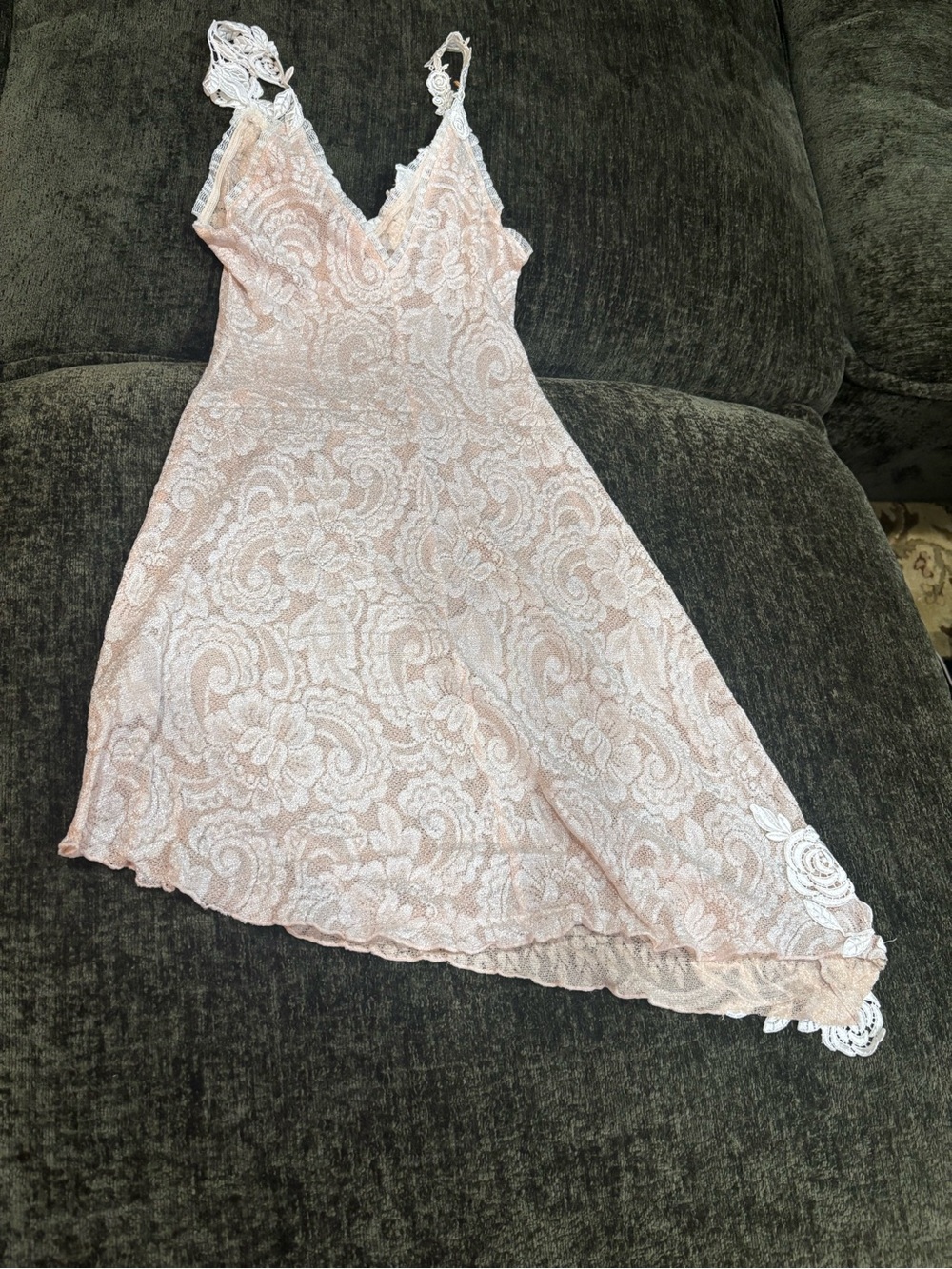 Y2K Claire Pettibone Chemise A-line Asymmetric Hem Slip Dress Blush White Lace S